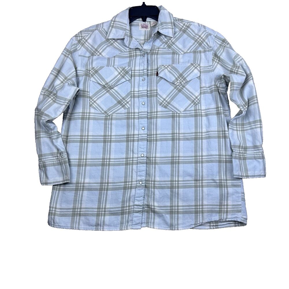 Levis Mens S Pearl Snap Shirt Green Gray Plaid Western Long Sleeve Button‎ Up
